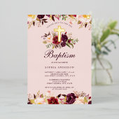 水彩ピンク金ゴールドバーガンディフローラバプテスマ 箔招待状 (立ち正面)