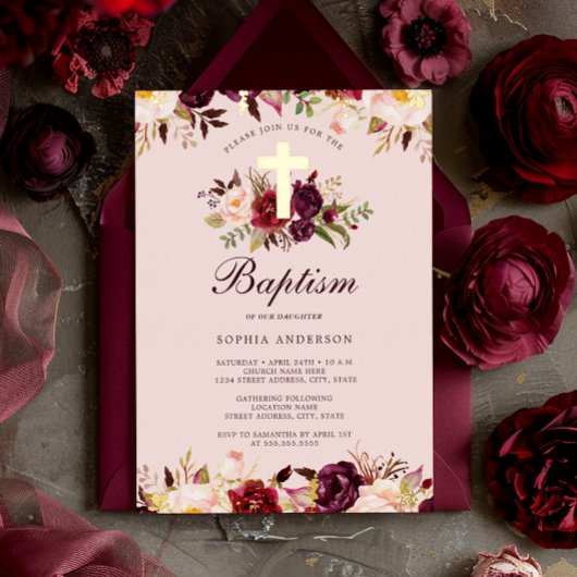 水彩ピンク金ゴールドバーガンディフローラバプテスマ 箔招待状