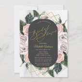 水彩ピンク金ゴールドフローラバラブライダルシャワー 招待状 (正面)