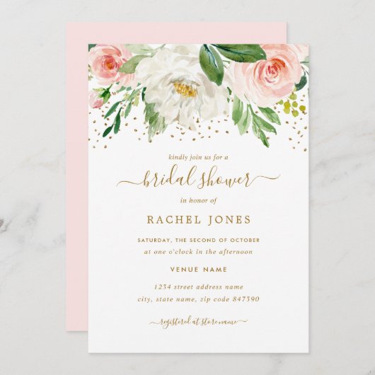 水彩ピンク金ゴールドフローラブライダルシャワー 招待状 (正面/裏面)