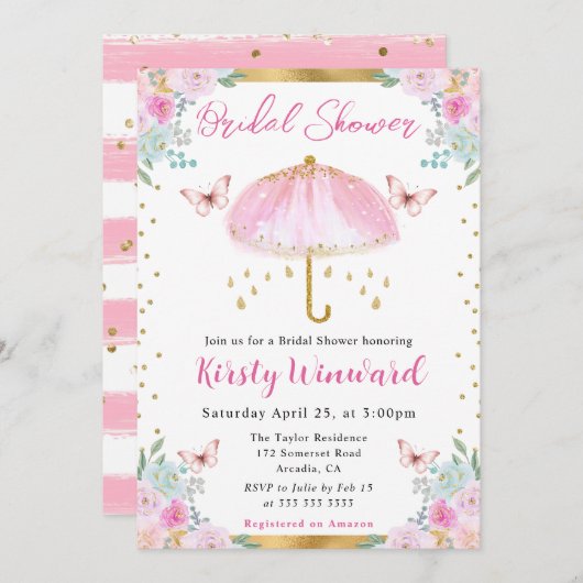 水彩ピンク金ゴールド春傘ブライダルシャワー 招待状 (正面/裏面)