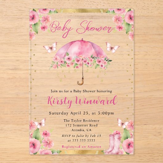 水彩ピンク金ゴールド春傘ベビーシャワー アクリル招待状 (正面)