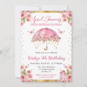 水彩ピンク金ゴールド春傘子供の誕生日 招待状 (正面)