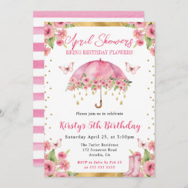 水彩ピンク金ゴールド春傘子供の誕生日 招待状