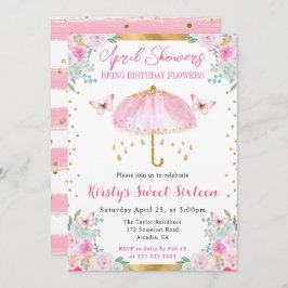 水彩ピンク金ゴールド春傘Sweet sixteen 招待状