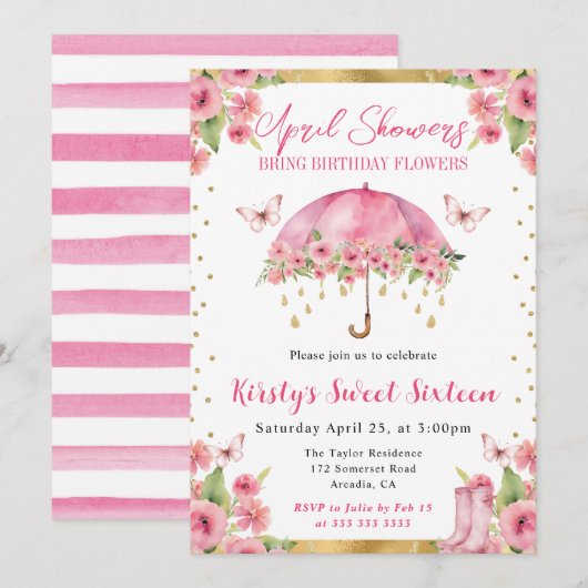 水彩ピンク金ゴールド春傘Sweet sixteen 招待状 (正面/裏面)