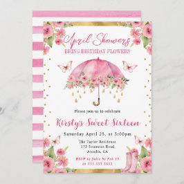 水彩ピンク金ゴールド春傘Sweet sixteen 招待状
