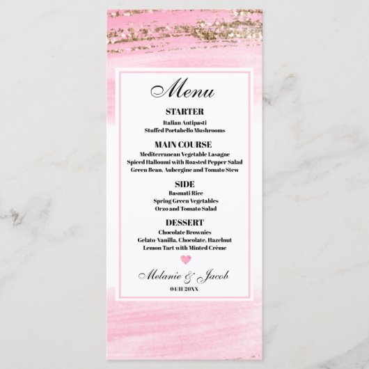 水彩ピンク金ゴールド4x9フラットメニューカード メニュー (正面)