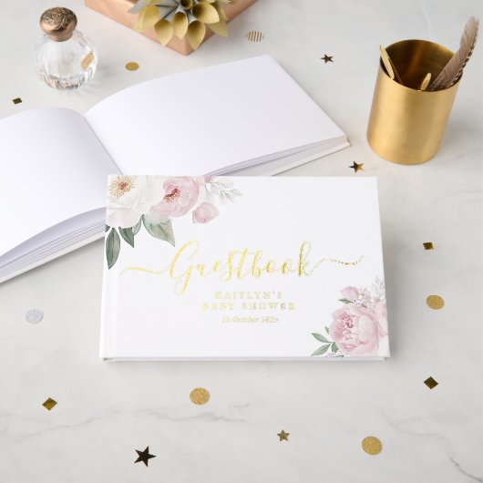 水彩ピンク開花ベビーシャワー ゲストブック (正面見開き)