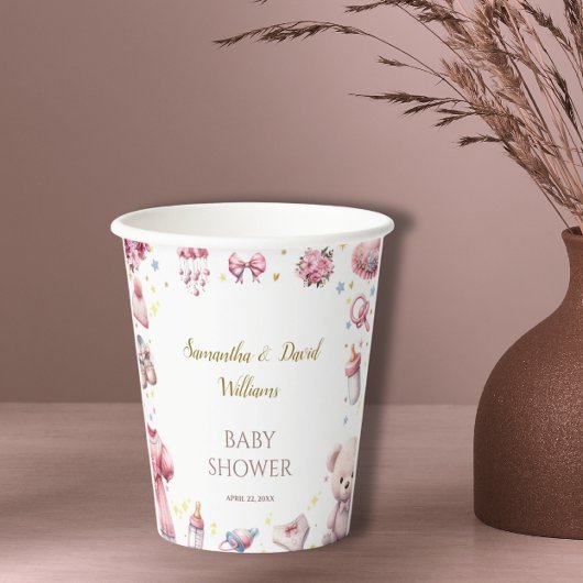 水彩ピンク魅力的の赤鮮やかちゃんシャワー 紙コップ