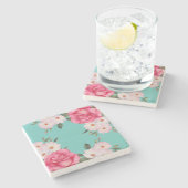 水彩ピンク鮮やかホワイトローズターコイズバック ストーンコースター (横)