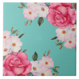 水彩ピンク鮮やかホワイトローズターコイズバック タイル