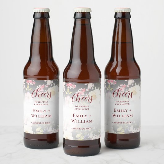 水彩ピンク黄色のバラ、黒ぼかし、ウェディング ビールラベル (ボトル)