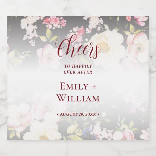 水彩ピンク黄色のバラ、黒ぼかし、ウェディング ビールラベル (シングルラベル)