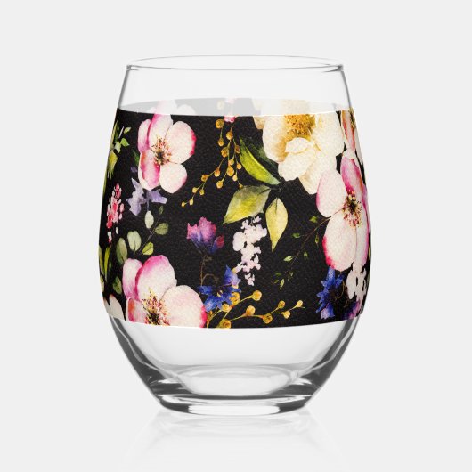 水彩ピンク黄色のバラ 黒背景 ステムなしワイングラス (正面)