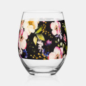 水彩ピンク黄色のバラ 黒背景 ステムなしワイングラス (裏面)