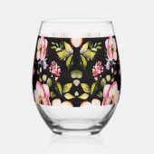 水彩ピンク黄色のバラ 黒背景 ステムなしワイングラス (右)