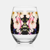 水彩ピンク黄色のバラ 黒背景 ステムなしワイングラス (左)