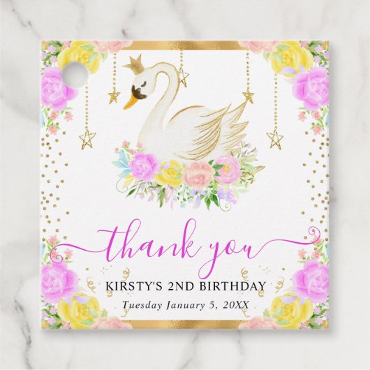 水彩ピンク&イエローフラワーズスワン誕生日 フェイバータグ (正面)