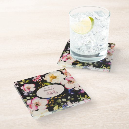 水彩ピンク&イエローローズオンブラック,誕生日 ガラスコースター (アングル)
