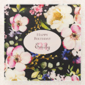 水彩ピンク&イエローローズオンブラック,誕生日 ガラスコースター (正面)