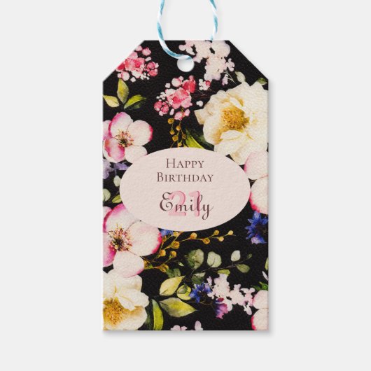 水彩ピンク&イエローローズオンブラック,誕生日 ギフトタグ (正面)