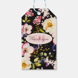 水彩ピンク&イエローローズオンブラック，誕生日 ギフトタグ