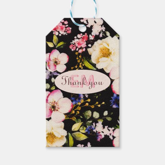 水彩ピンク&イエローローズオンブラック，誕生日 ギフトタグ (正面)