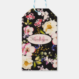 水彩ピンク&イエローローズオンブラック，誕生日 ギフトタグ