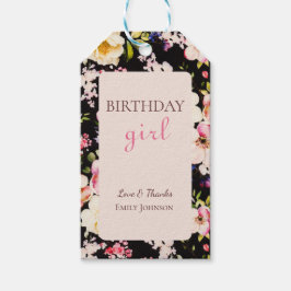 水彩ピンク&イエローローズオンブラック，誕生日 ギフトタグ