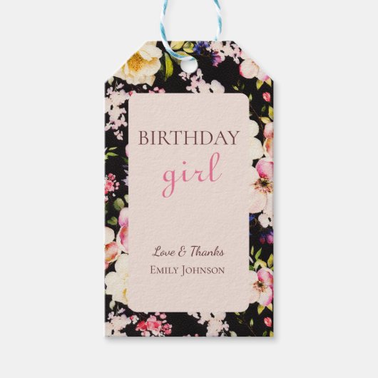 水彩ピンク&イエローローズオンブラック，誕生日 ギフトタグ (正面)