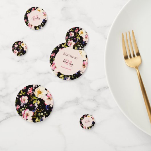 水彩ピンク&イエローローズオンブラック,誕生日 コンフェッティ (グループ)