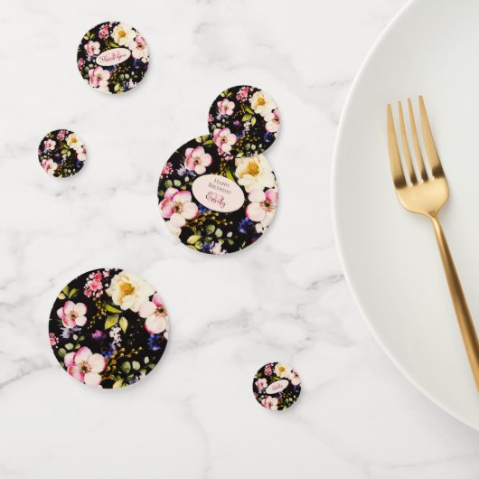 水彩ピンク&イエローローズオンブラック，誕生日 コンフェッティ (グループ)