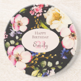 水彩ピンク&イエローローズオンブラック，誕生日 コースター