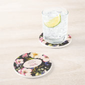水彩ピンク&イエローローズオンブラック，誕生日 コースター (側面)