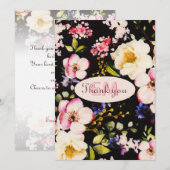 水彩ピンク&イエローローズオンブラック，誕生日 サンキューカード (正面/裏面)