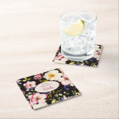 水彩ピンク&イエローローズオンブラック，誕生日 スクエアペーパーコースター (インサイチュ)
