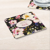 水彩ピンク&イエローローズオンブラック，誕生日 スクエアペーパーコースター (アングル)
