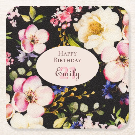 水彩ピンク&イエローローズオンブラック，誕生日 スクエアペーパーコースター (正面)