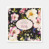 水彩ピンク&イエローローズオンブラック，誕生日 スタンダードカクテルナプキン (正面)