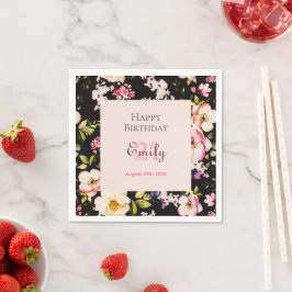 水彩ピンク&イエローローズオンブラック，誕生日 スタンダードカクテルナプキン