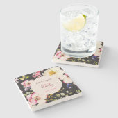 水彩ピンク&イエローローズオンブラック,誕生日 ストーンコースター (横)