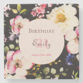 水彩ピンク&イエローローズオンブラック，誕生日 ストーンコースター