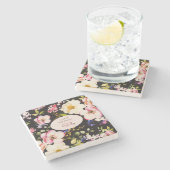 水彩ピンク&イエローローズオンブラック,誕生日 ストーンコースター (横)