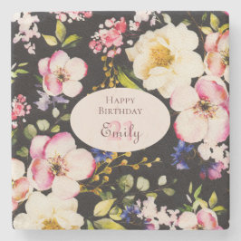 水彩ピンク&イエローローズオンブラック，誕生日 ストーンコースター