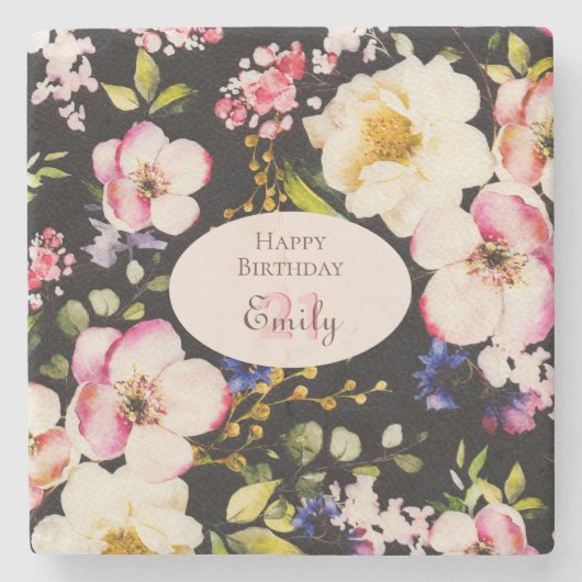 水彩ピンク&イエローローズオンブラック,誕生日 ストーンコースター (正面)