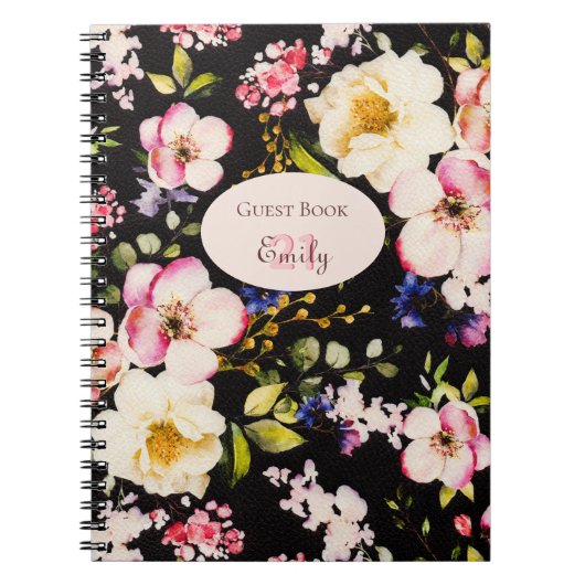 水彩ピンク&イエローローズオンブラック，誕生日 ノートブック (正面)