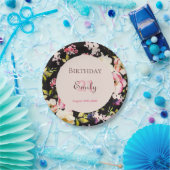 水彩ピンク&イエローローズオンブラック,誕生日 ペーパープレート (パーティー)