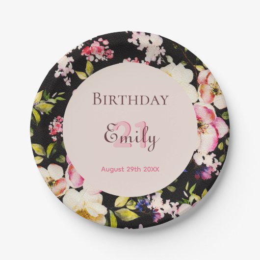 水彩ピンク&イエローローズオンブラック,誕生日 ペーパープレート (正面)