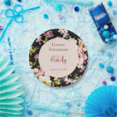 水彩ピンク&イエローローズオンブラック,誕生日 ペーパープレート (パーティー)